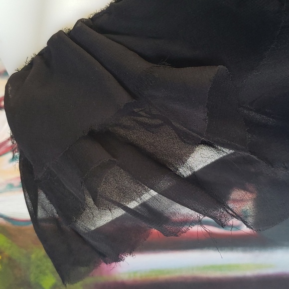 Shiny Jet Black off the shoulder raw edge ruffle assymetrical satin mini dress - Picture 7 of 11